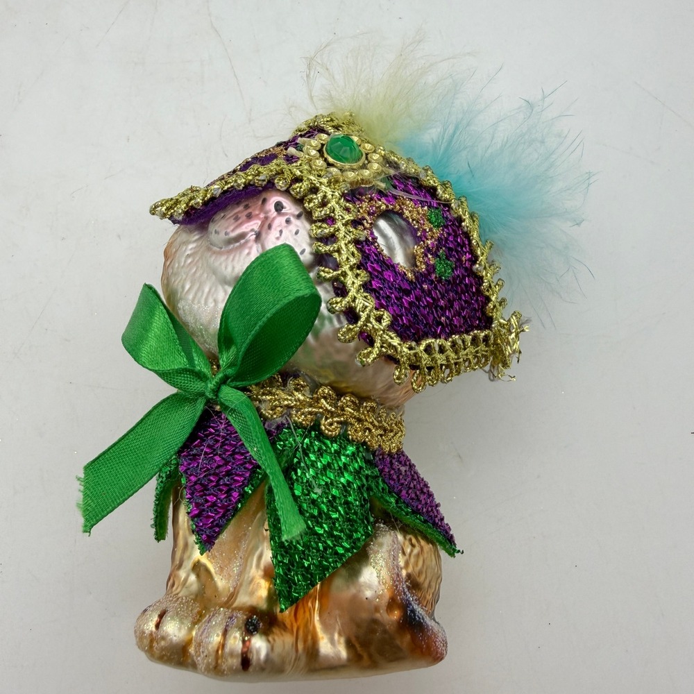 Mardi Gras Glass‎ Cat Ornament Purple Green Gold Mask Feather Jester Cat Decor